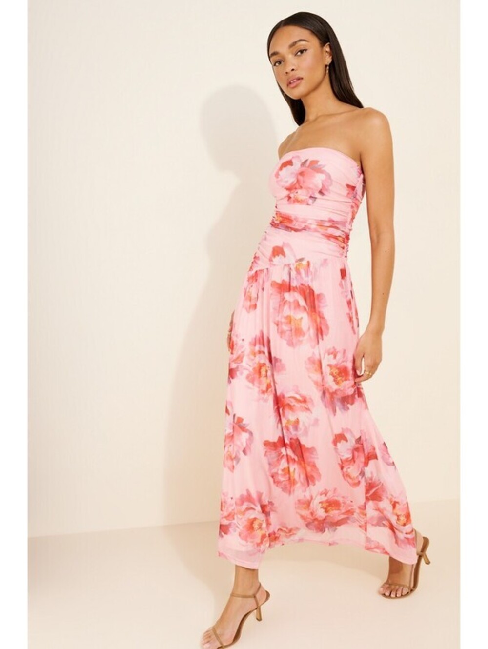 Anthropologie x Petal & Pup - Strapless Pink Mesh Floral Maxi Dress, Size 4